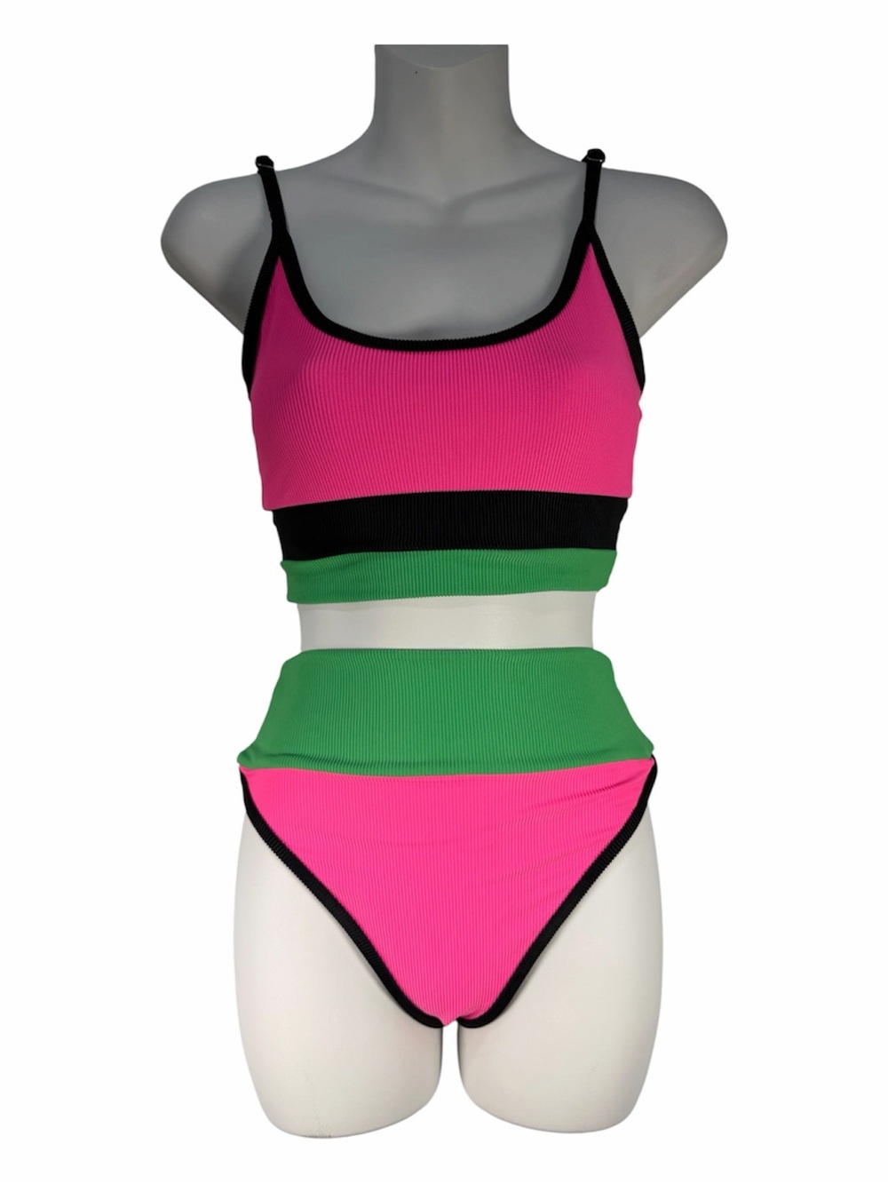 Beach Riot Bikini Set Eva S High Waisted Adjustable Strap Colorblock Neon Ribbed